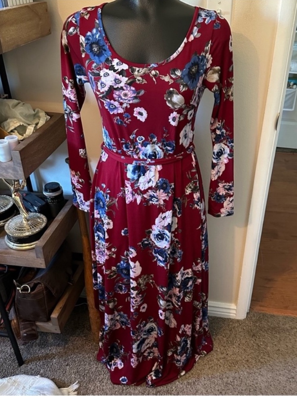 Pinkblush Maternity Blue Floral Sash Tie Burgundy Red Maxi Dress